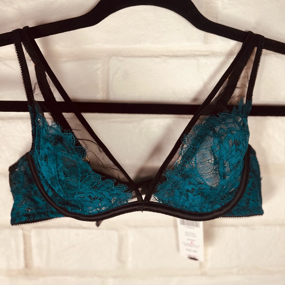 NWT Soma Breathtaking Unlined Sheer Lace Underwire Plunge Bra 34 B Green #0664